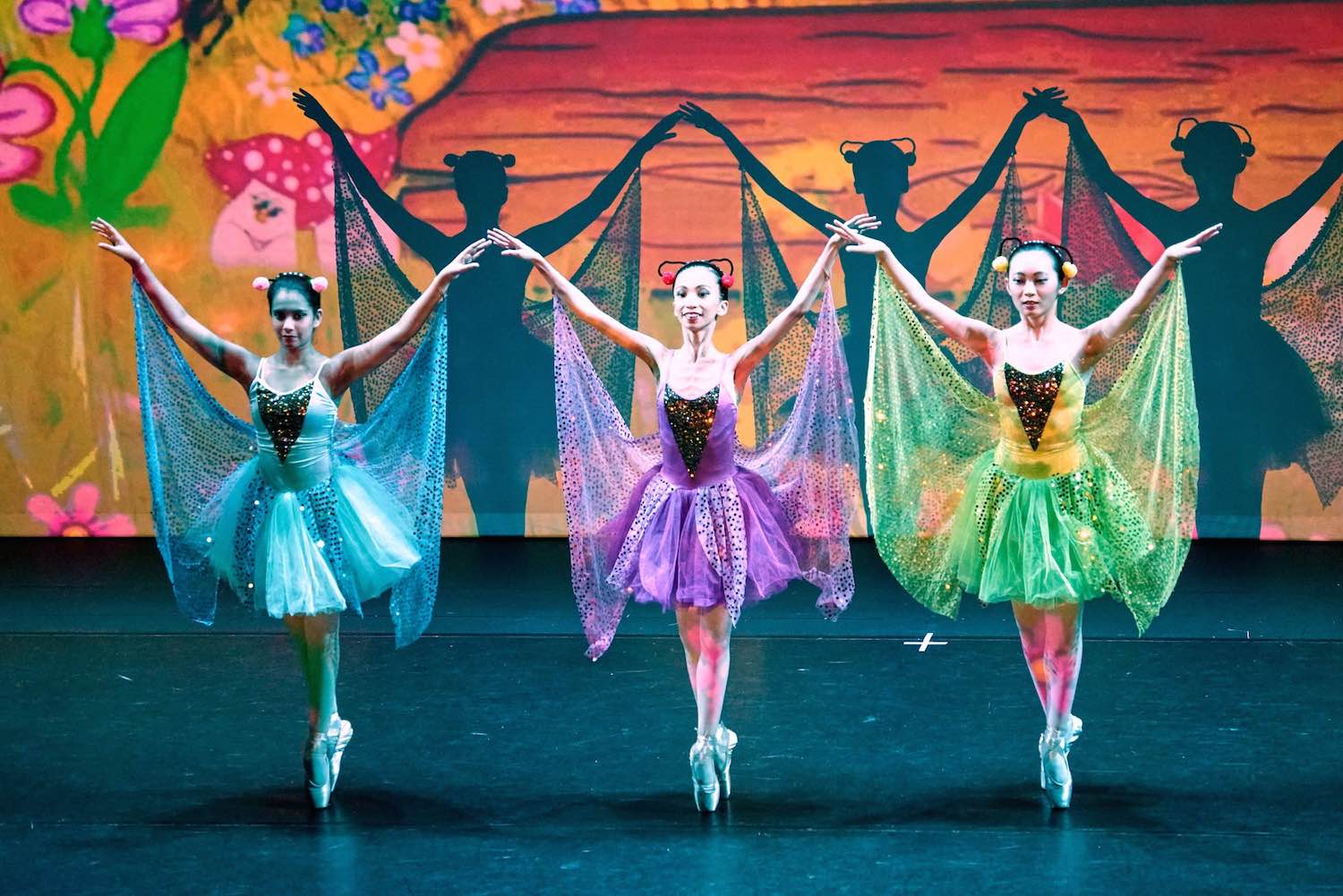 three ballerinas in blue, purple and green tutus en pointe in a ballet performance